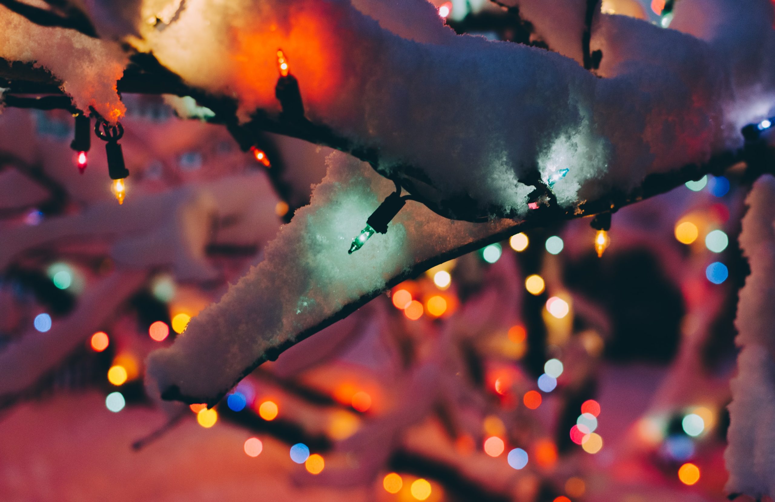 Christmas lights illuminating snow